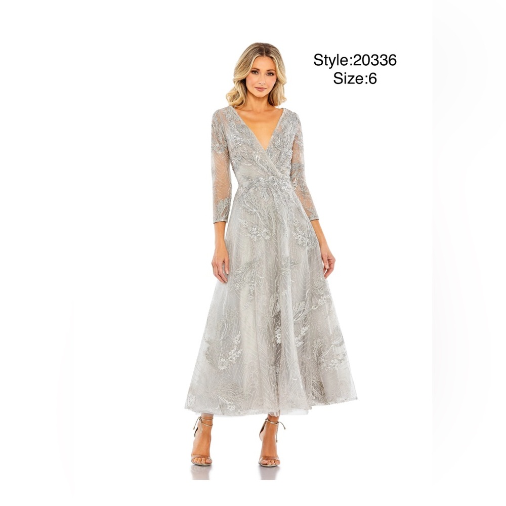 Wrap over 3/4 sleeve tea length dress